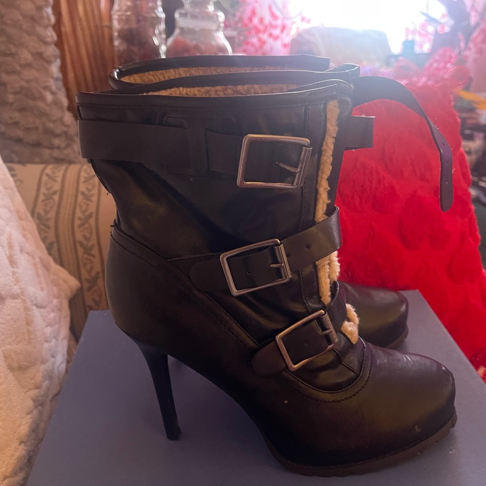 Vera Wang Black Heeled Boots with Buckles